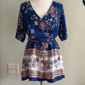 Three Hearts Blue Floral wrap romper M